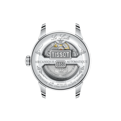 Tissot watch face with brand logo and text on a white background