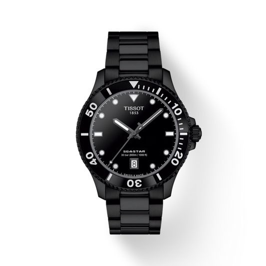 Black Tissot watch on a white background