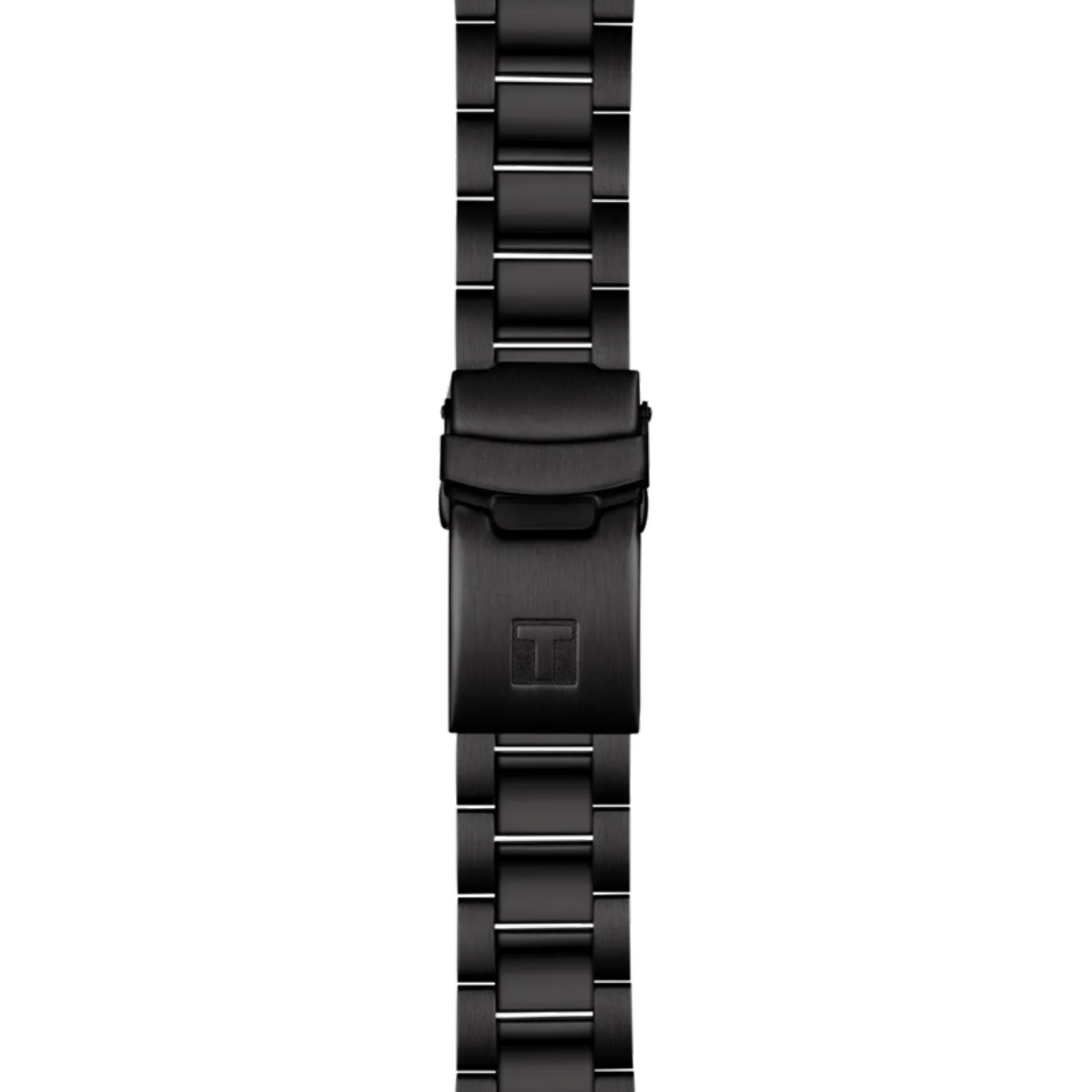 Black metal watch strap on a white background