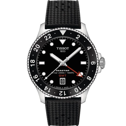 A Tissot Seastar 1000 Quartz GMT watch with a black band and dial, featuring a date display and a black case back.