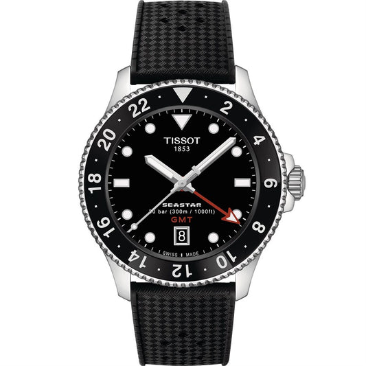 A Tissot Seastar 1000 Quartz GMT watch with a black band and dial, featuring a date display and a black case back.