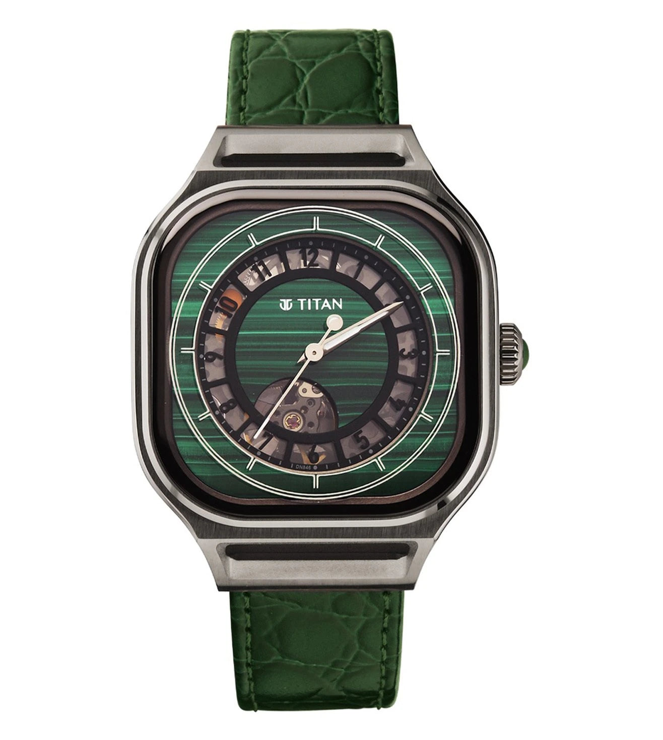 A TITAN Stellar Regallia automatic watch for men with a green rectangular dial and a green leather strap.