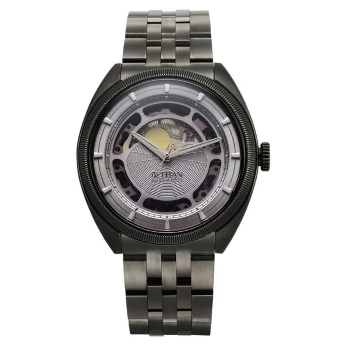 Titan watch with metallic band and detailed face on a white background