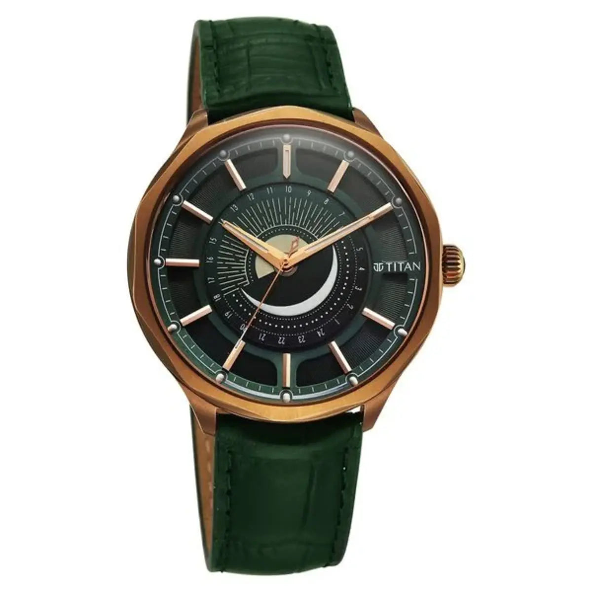 Titan Stellar Analog with Sun Moon Phase and Green Dial Men Watch 10028QL01