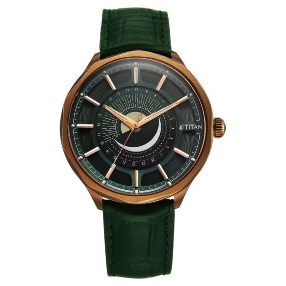 Titan watch with green strap and dark face on a white background
