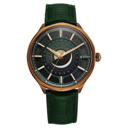 Titan watch with green strap and dark face on a white background