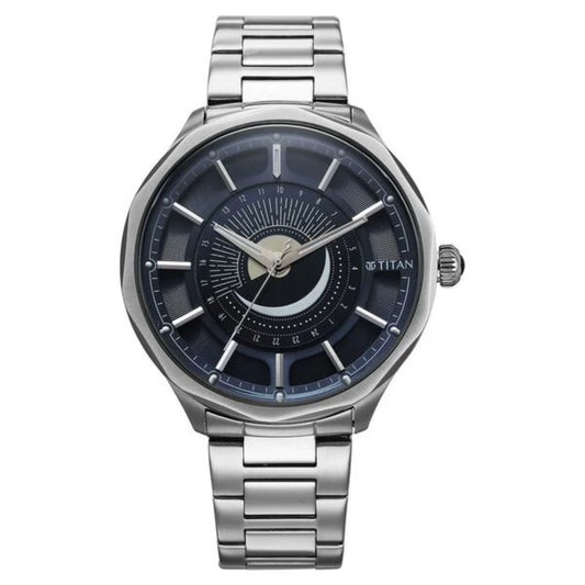 Silver watch with a dark blue face on a white background