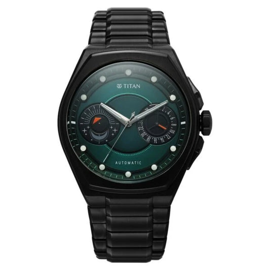 Titan watch with black strap and green dial on a white background