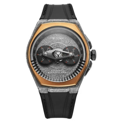 Luxury watch with black strap and detailed face on a white background