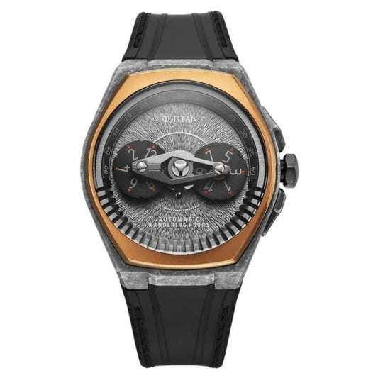 Luxury watch with black strap and detailed face on a white background