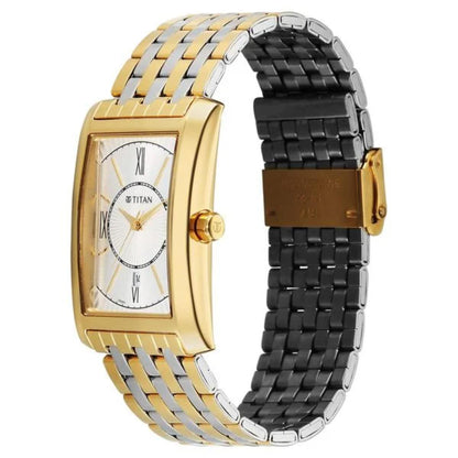 Two-tone gold and black watch with visible Titan brand on a white background
