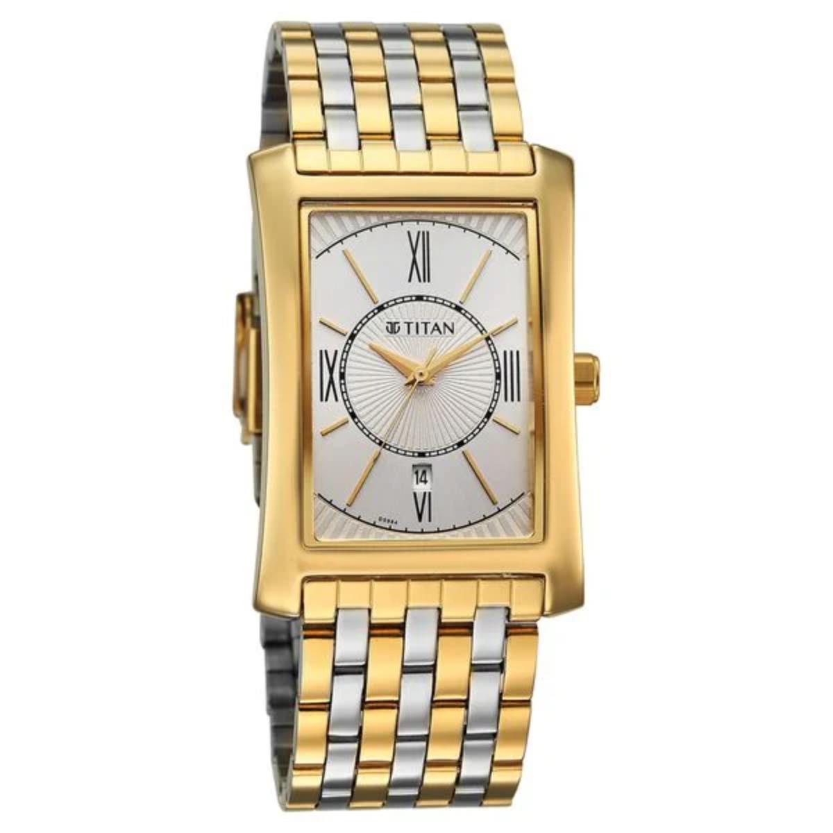 Two-tone gold and silver watch with a white face on a white background
