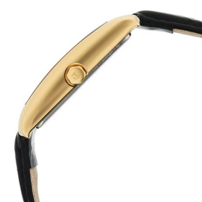 Gold-framed sunglasses with a black arm on a white background