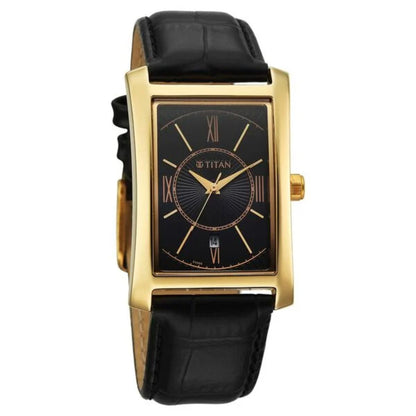 Titan watch with gold case and black leather strap on a white background