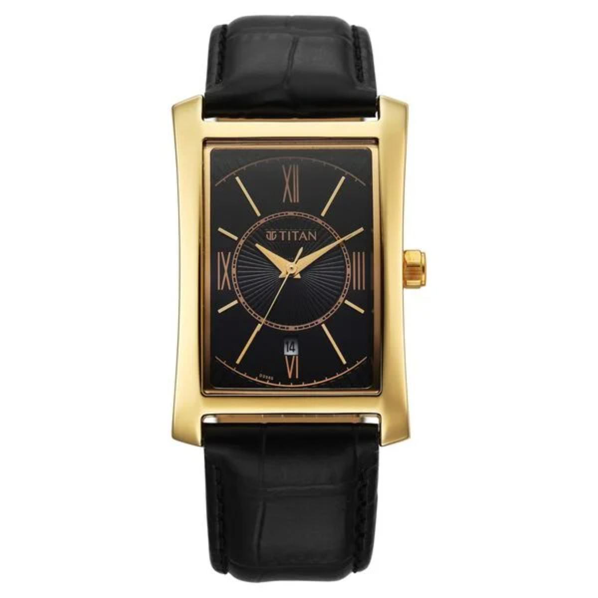 Gold-framed watch with black leather strap on a white background