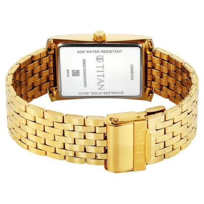 Gold wristwatch with a visible brand logo on a white background