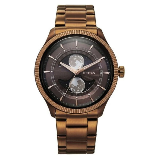 Titan watch with bronze metal band and dark face on white background
