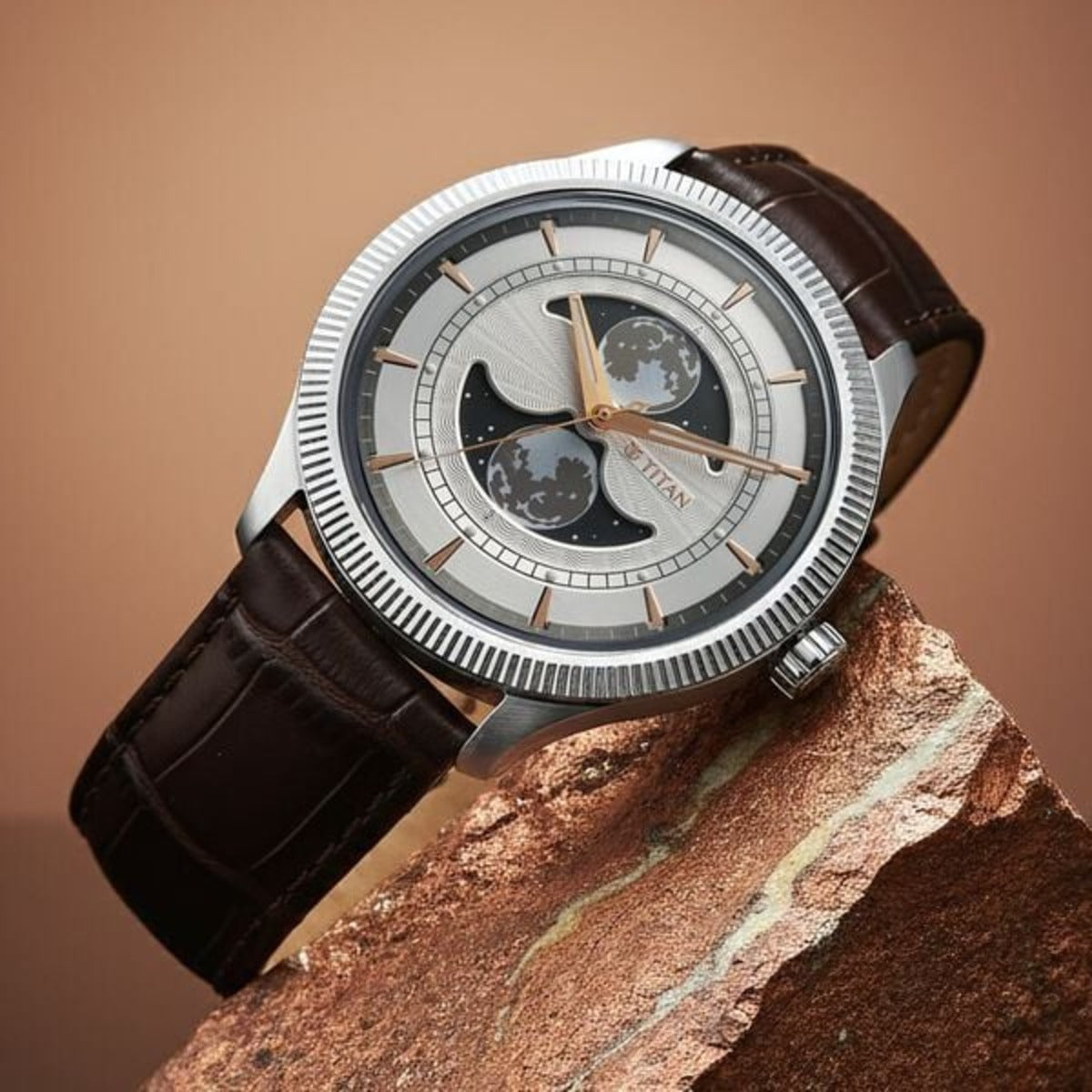 Titan Stellar Analog with Dual Moon Phase and Silver Dial Men Watch 10050SL01
