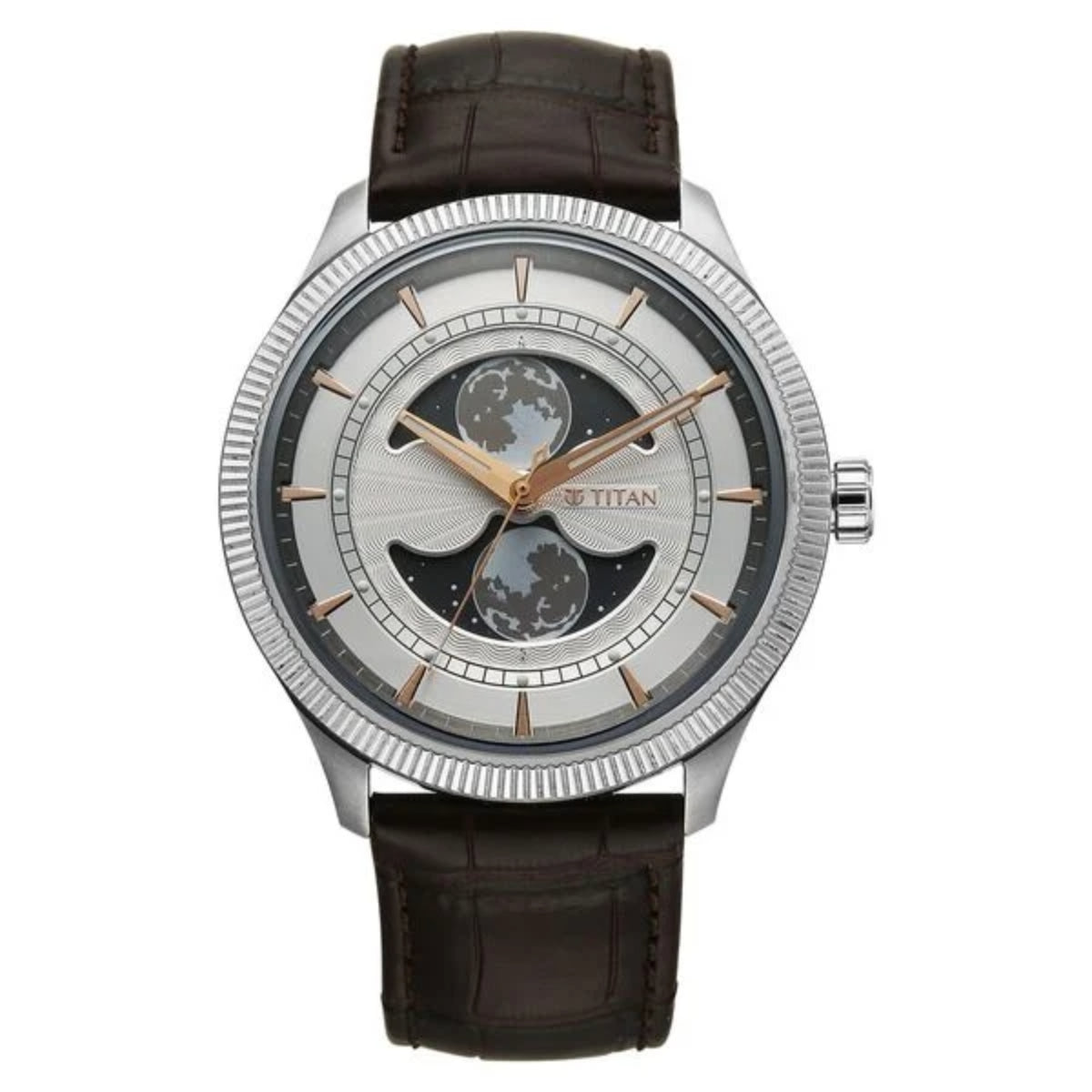 Titan watch with brown leather strap and silver case on white background