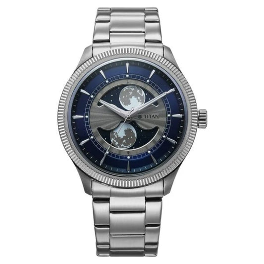 Silver watch with blue face on a white background