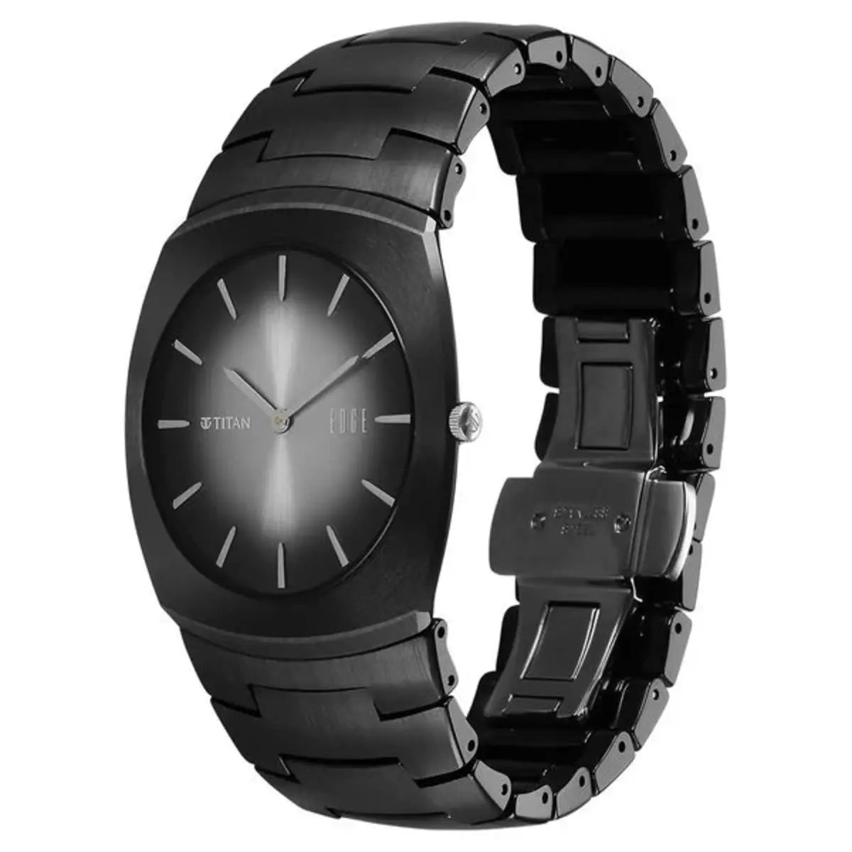 Black Titan watch with a metallic band on a white background