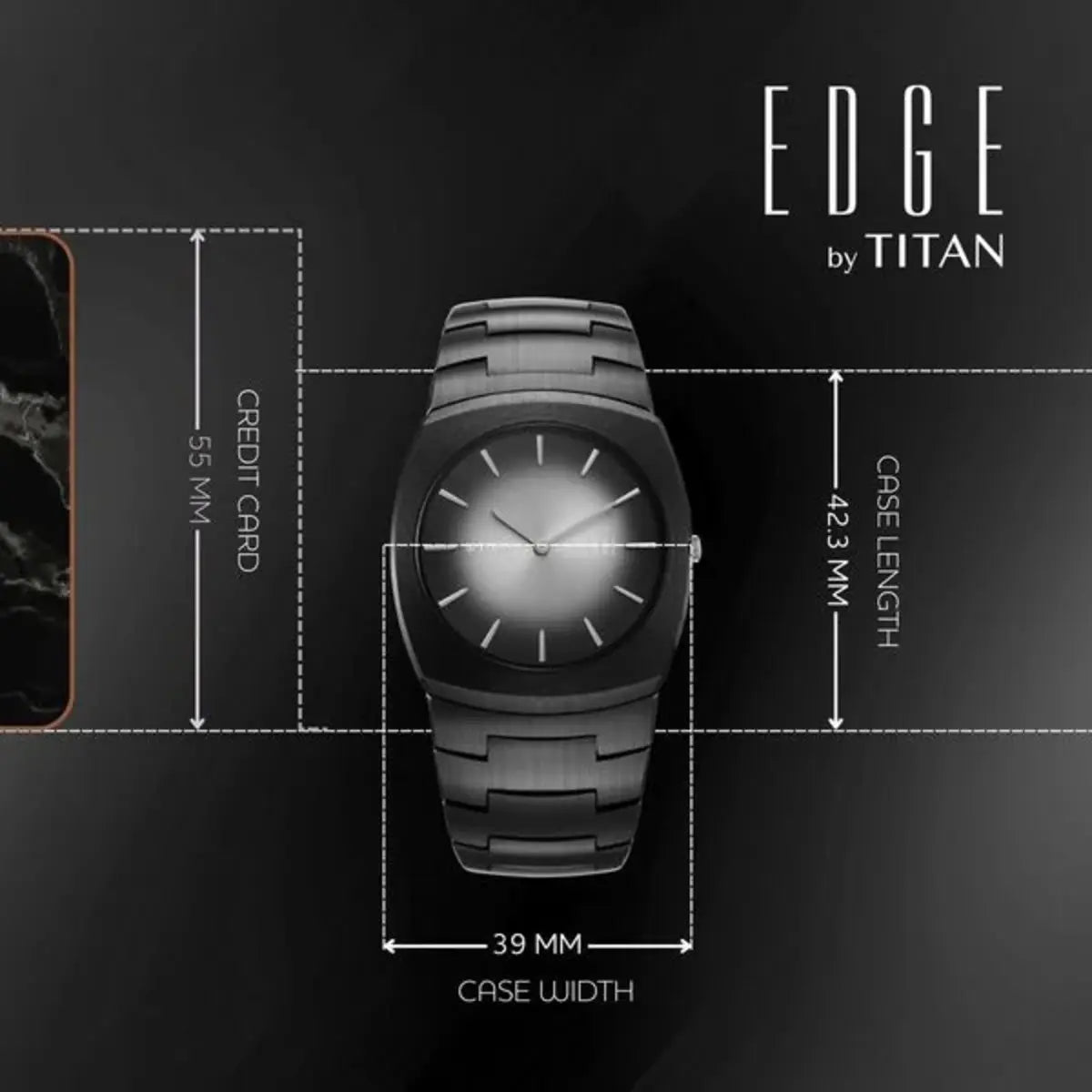 Black watch with measurements on a dark background, featuring 'EDGE by TITAN'.