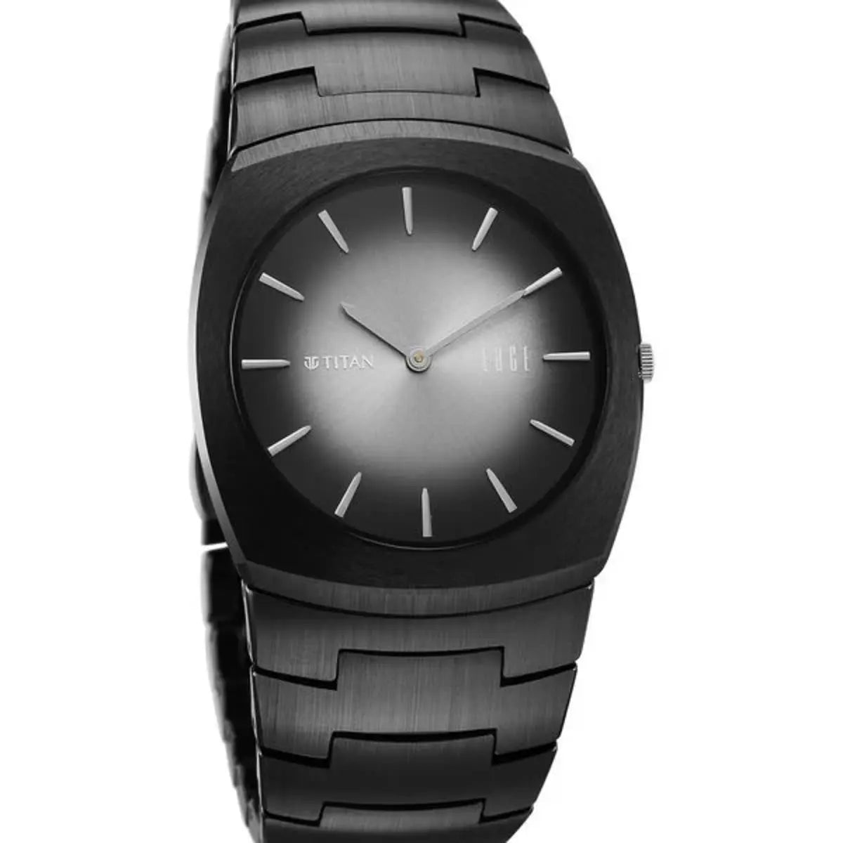 Black wristwatch with gradient dial on a white background