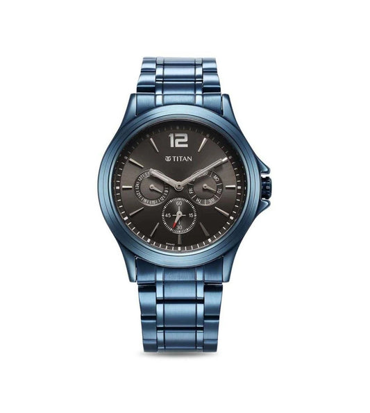 A TITAN Neo Splash analog watch for men with a blue stainless steel bracelet and a black dial, multifunctional with a quartz movement.