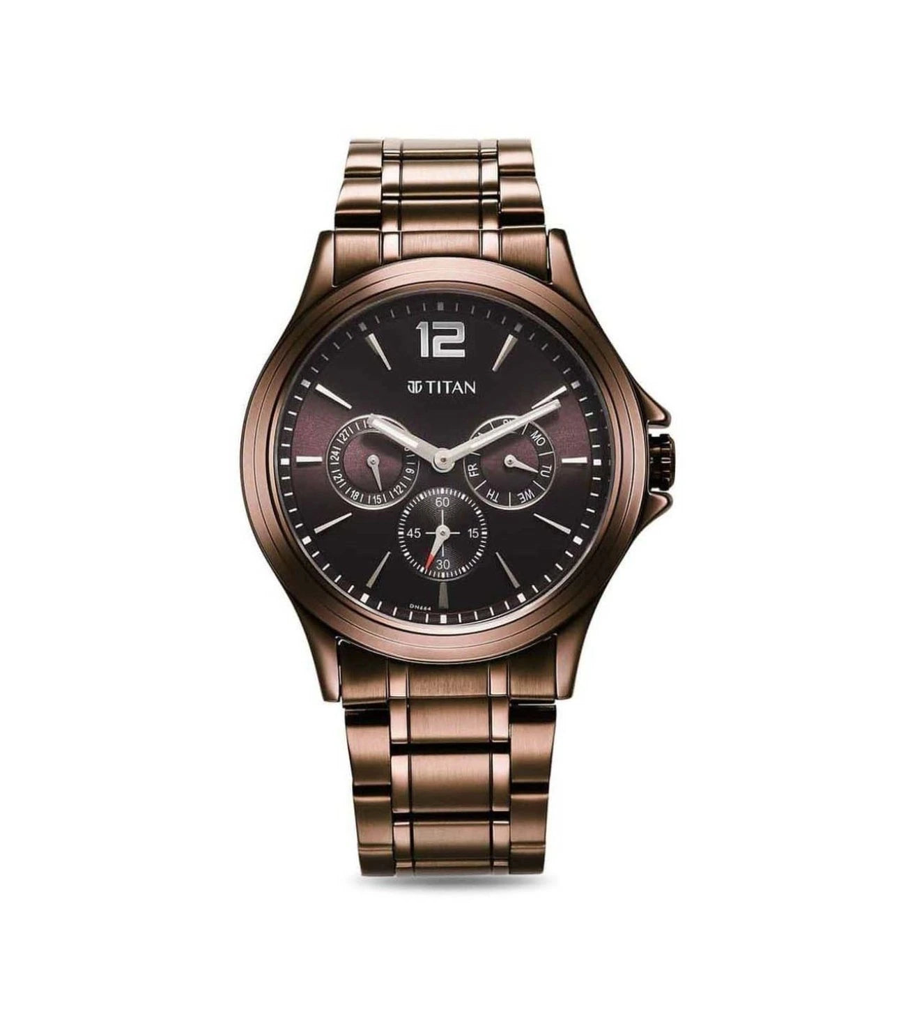 A brown TITAN Neo Splash analog watch with a brown stainless steel bracelet and a brown round dial featuring multifunctional subdials.