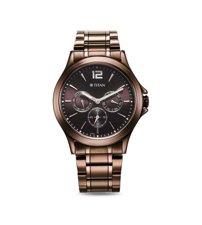 A brown TITAN Neo Splash analog watch with a brown stainless steel bracelet and a brown round dial featuring multifunctional subdials.