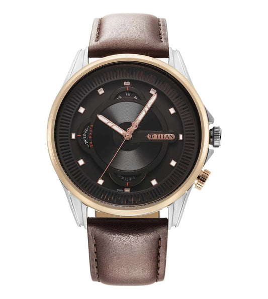 A TITAN Techno Beats analog watch for men with a black dial, brown leather strap, and gold case.