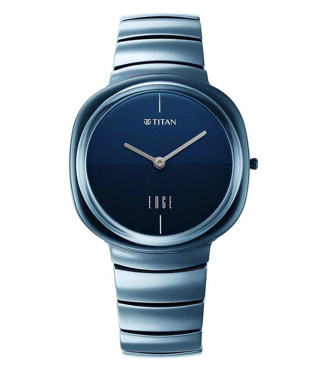 A blue TITAN Edge Squircle analog watch with a square-shaped dial and a ceramic bracelet.