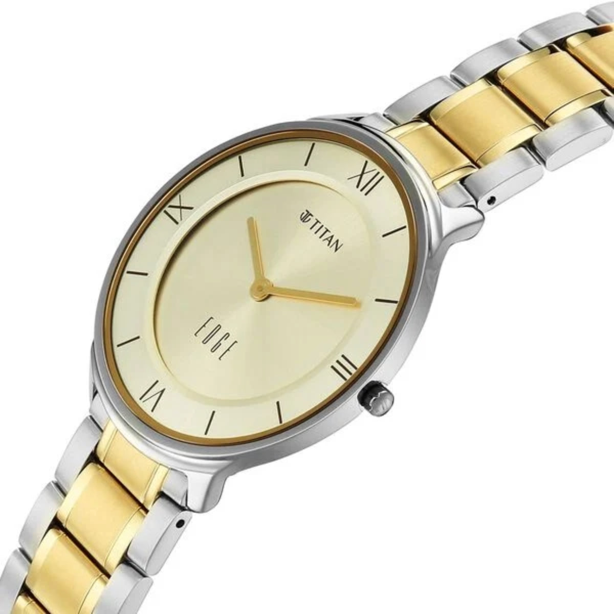 Two-tone silver and gold watch with a beige face on a white background