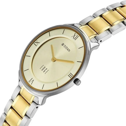 Two-tone silver and gold watch with a beige face on a white background