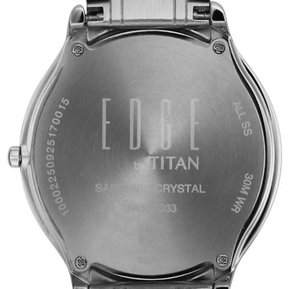 Back view of a silver watch with 'EDGE by Titan' branding on a white background