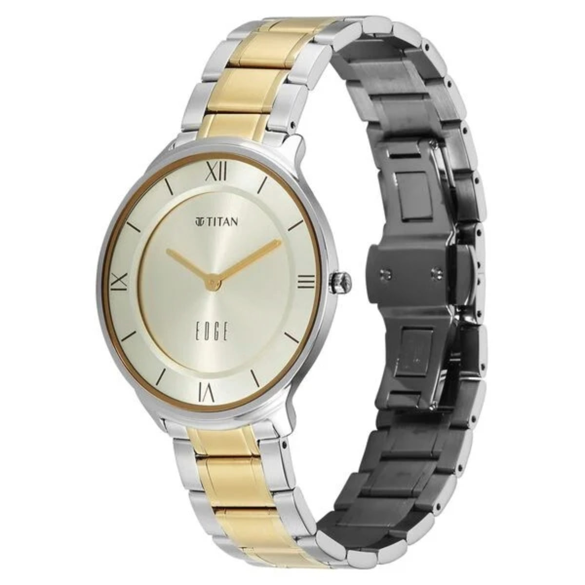 Two-tone Titan watch with gold and silver band on a white background
