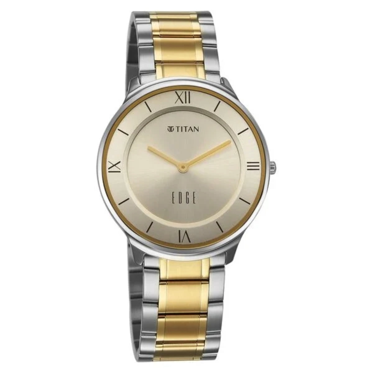 Titan watch with two-tone metal strap on a white background