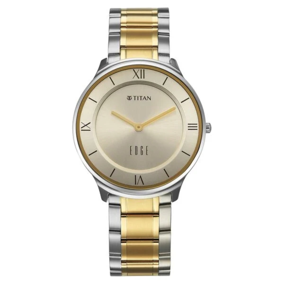 Titan watch with two-tone gold and silver strap on a white background