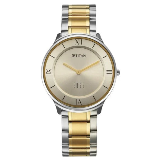 Titan watch with two-tone gold and silver strap on a white background
