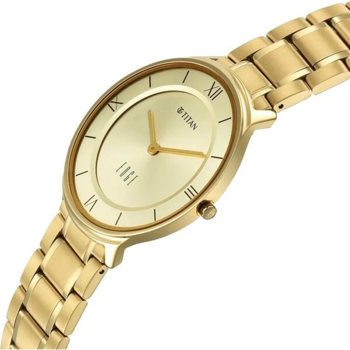 Gold wristwatch with a visible brand logo on a white background