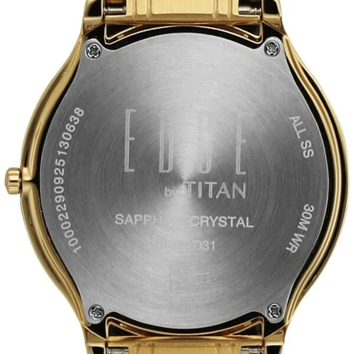 Back view of a gold watch with 'EDELE by Titan' branding on a white background