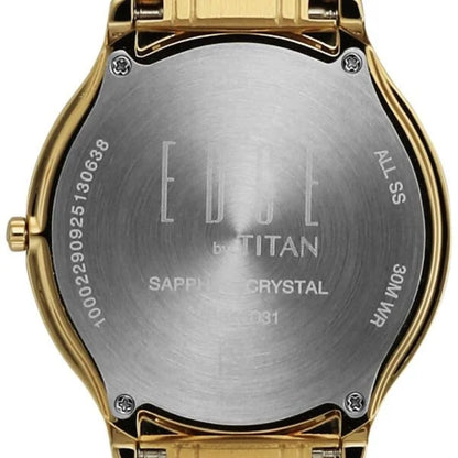 Back view of a gold watch with 'EDELE by Titan' branding on a white background