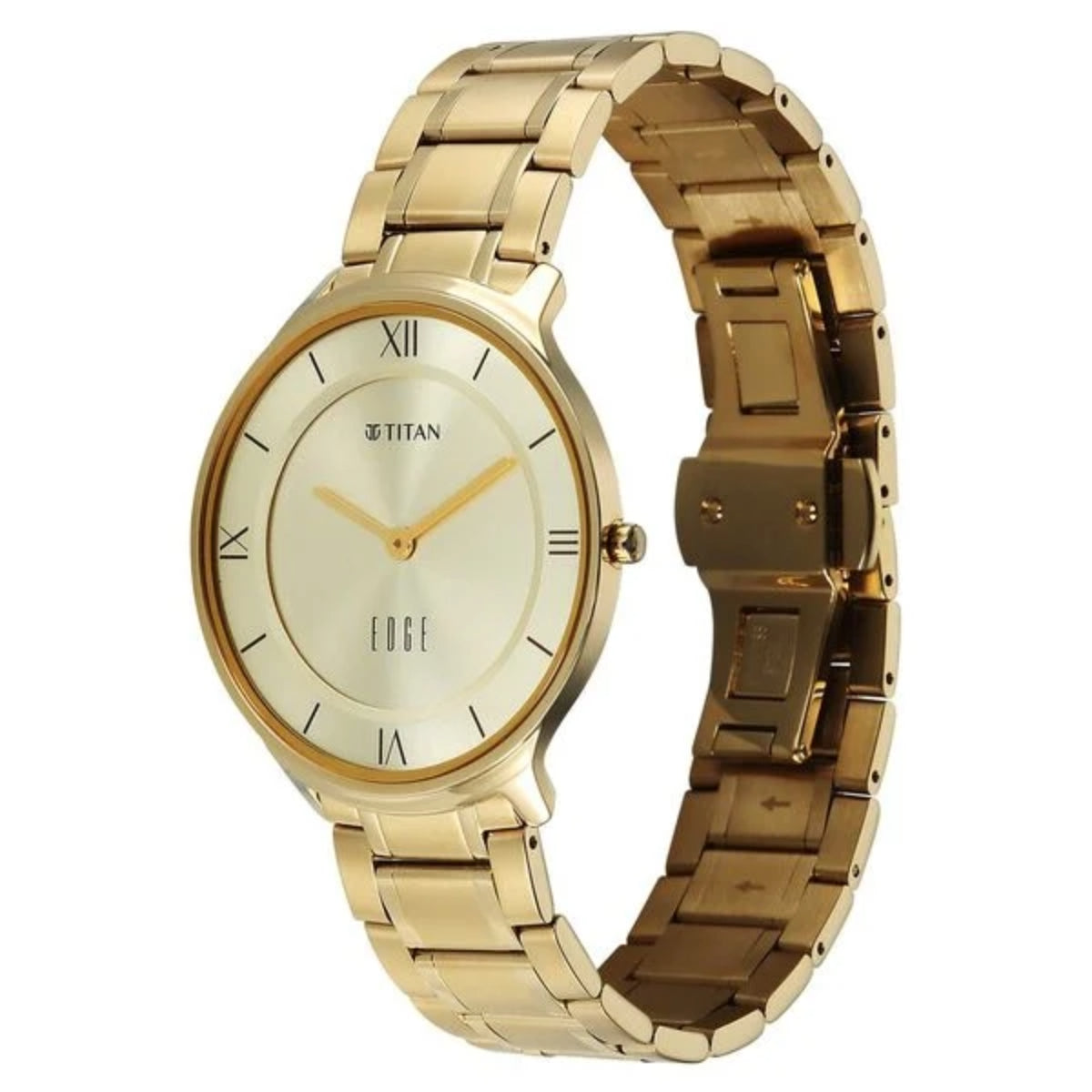 Gold wristwatch with a visible brand logo on a white background