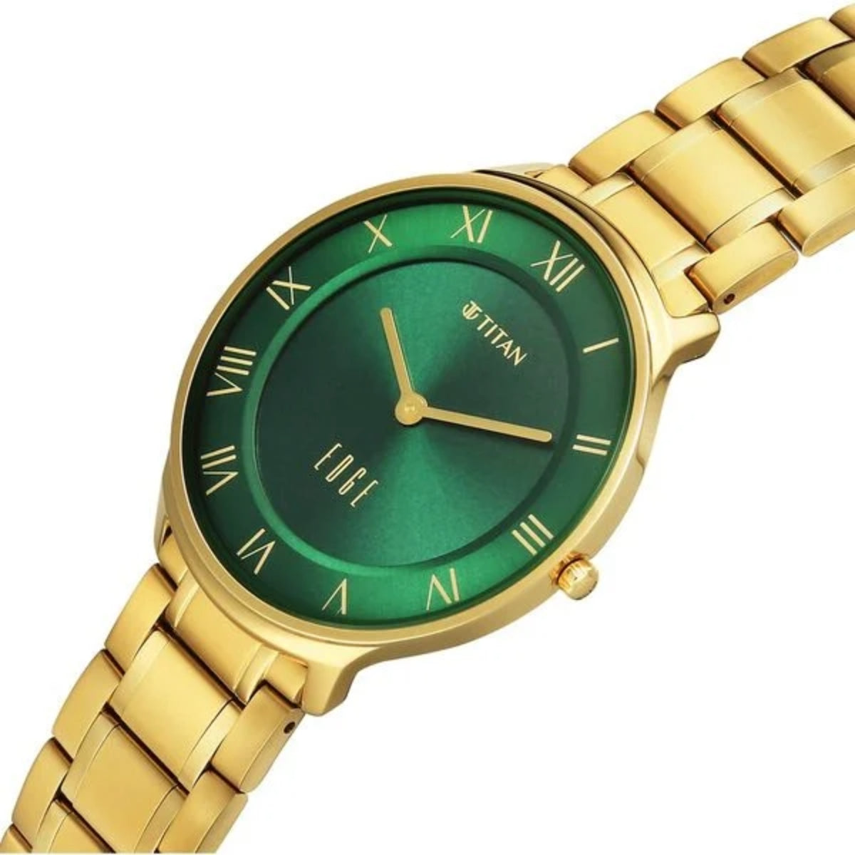 Gold watch with a green face on a white background