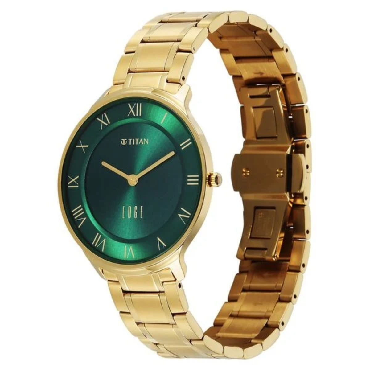Gold wristwatch with a green face on a white background, featuring the Titan brand.