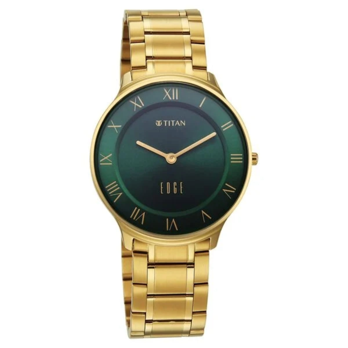 Gold wristwatch with a green dial on a white background