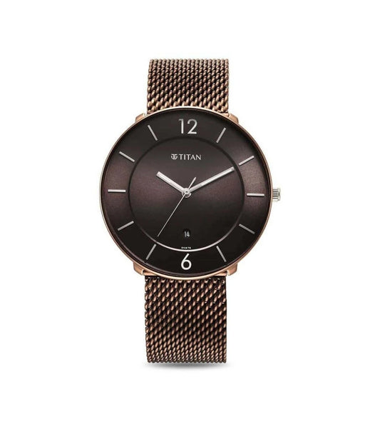 A TITAN Neo Splash analog watch for men with a brown dial and stainless steel bracelet.