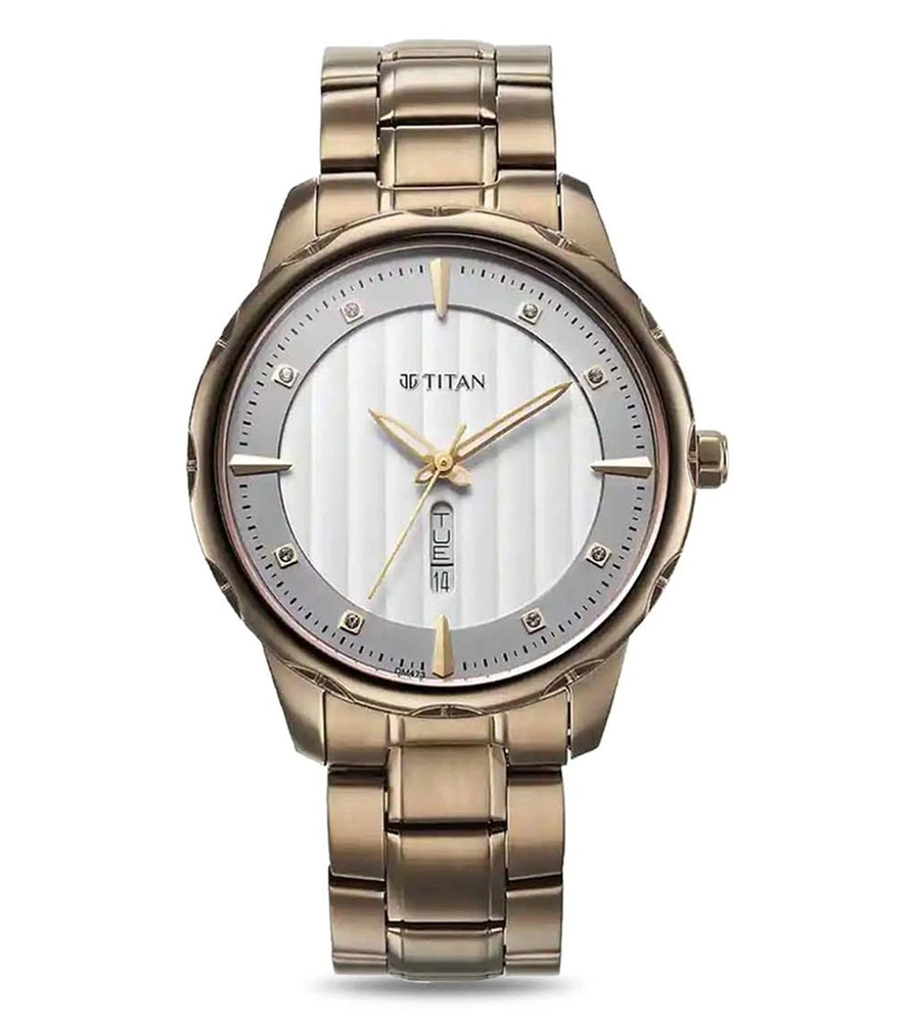 A TITAN Regalia Opulent analog watch for men with a white dial, brown stainless steel bracelet, and gold casing.