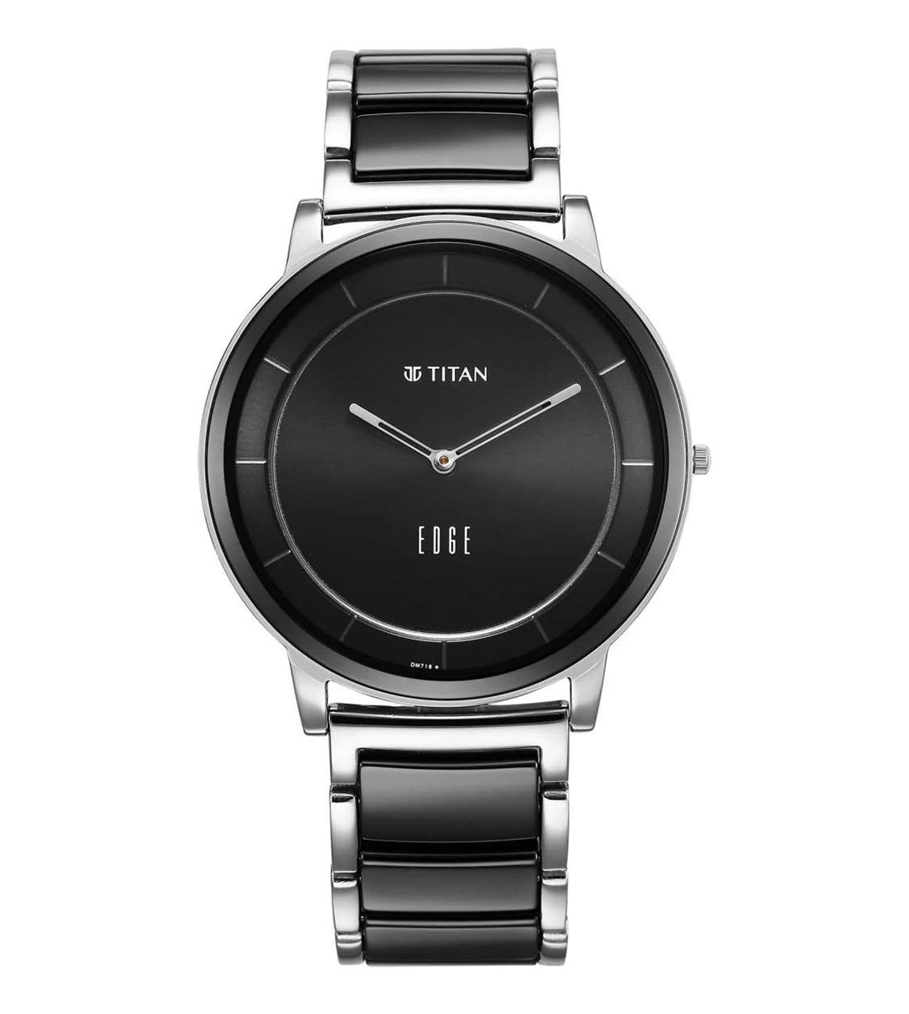 A black dial TITAN Edge Fusion analog watch with a silver stainless steel band and case, featuring a sapphire glass cover.