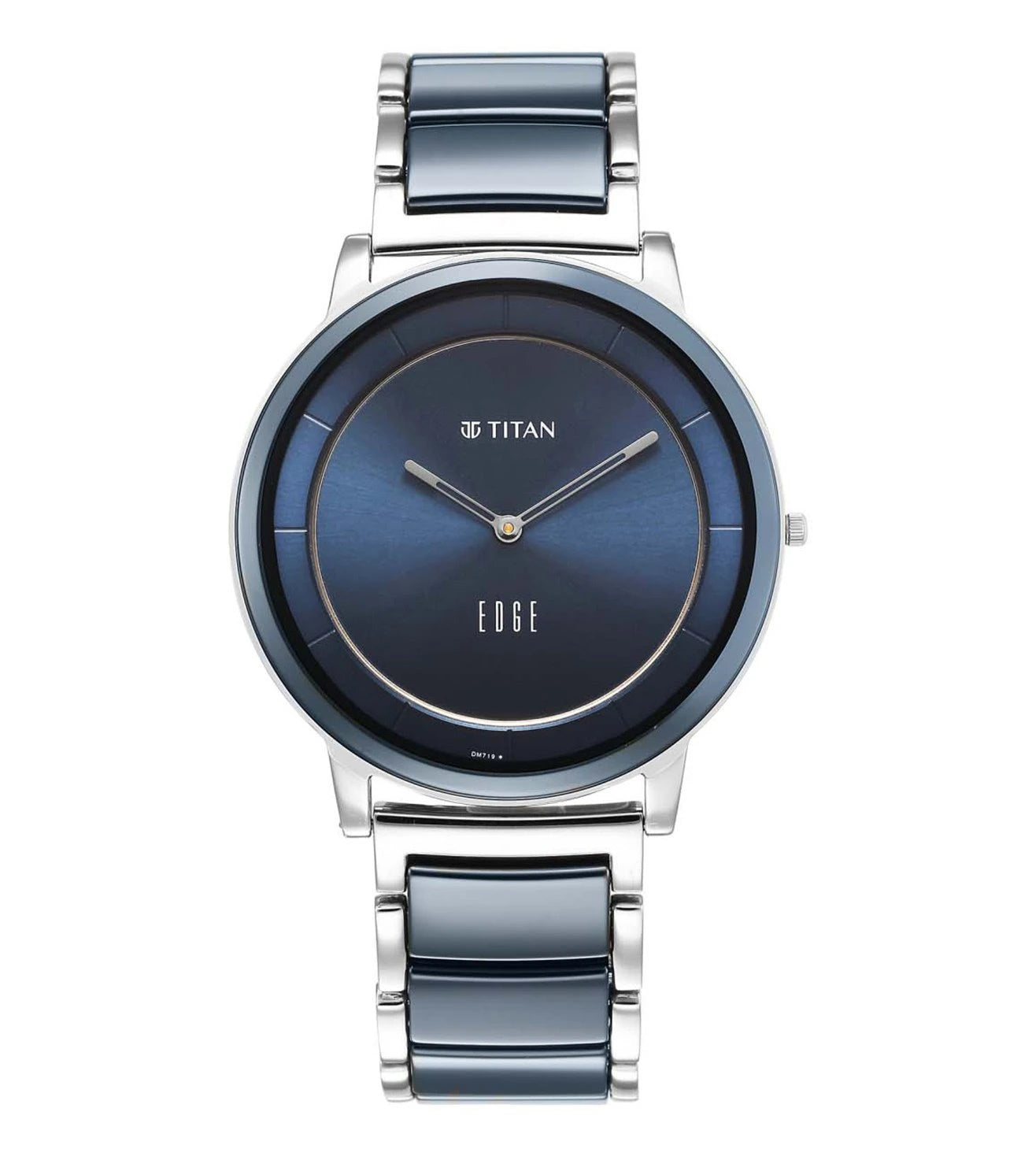 A TITAN Edge Fusion analog watch for men with a blue dial and a silver stainless steel strap.